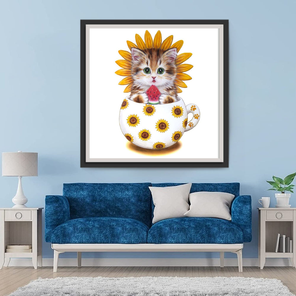 Schattig Kitten in Zonnebloemkop Diamond Painting