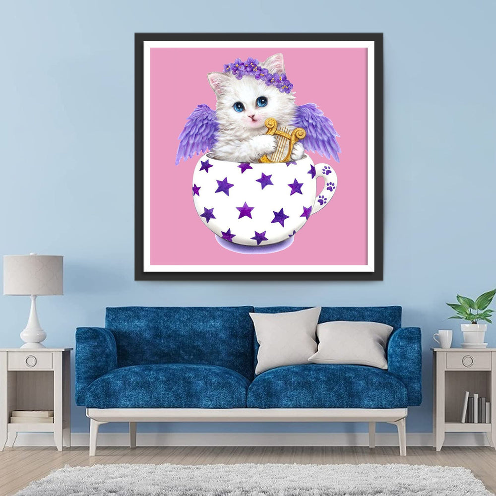 Schattig Kitten met Engelenvleugels in Sterrenkom Diamond Painting