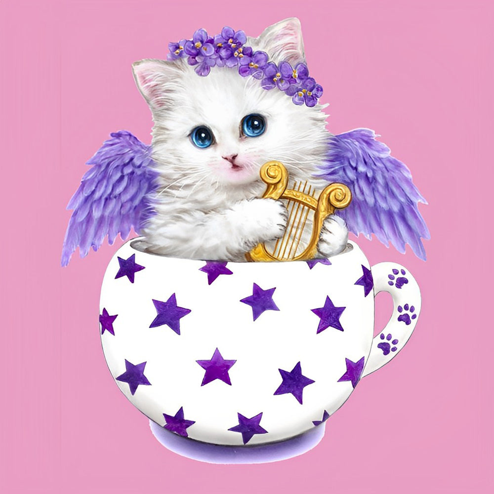 Schattig Kitten met Engelenvleugels in Sterrenkom Diamond Painting