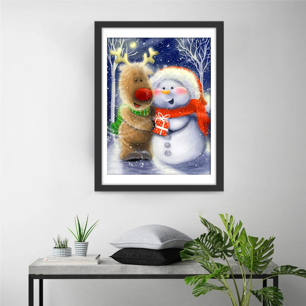 Schattige Cartoonrendier en Sneeuwpop Diamond Painting