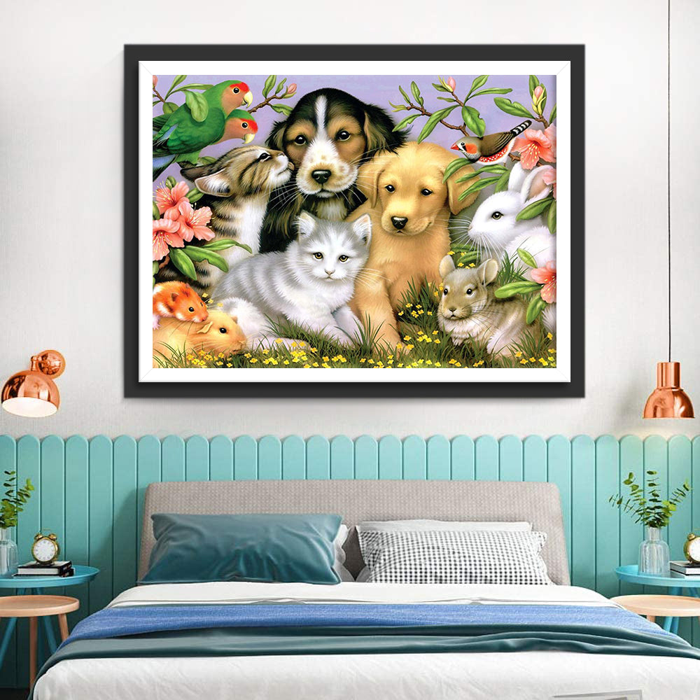 Schattige Dieren in de Bloemen Diamond Painting