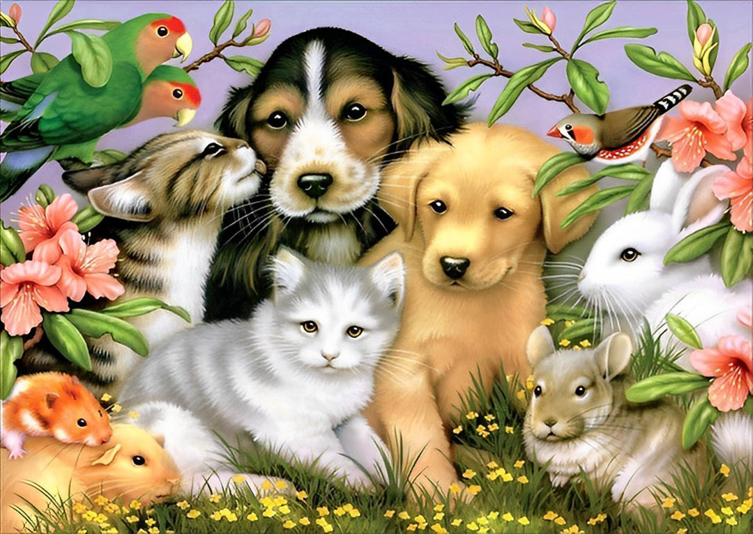 Schattige Dieren in de Bloemen Diamond Painting