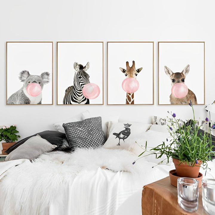 Schattige Dierenvriendjes met Kauwgombellen 4 Platen Diamond Painting