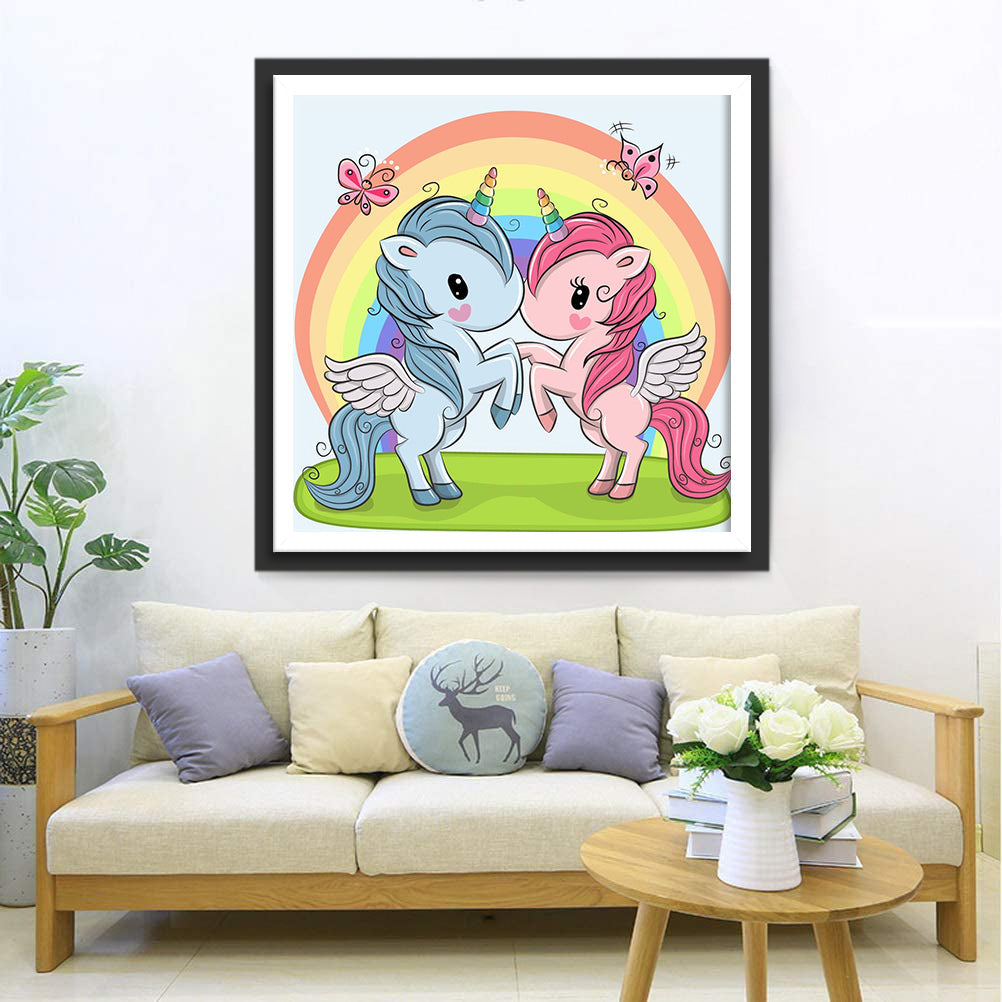 Schattige Eenhoorns in Regenboogland Diamond Painting