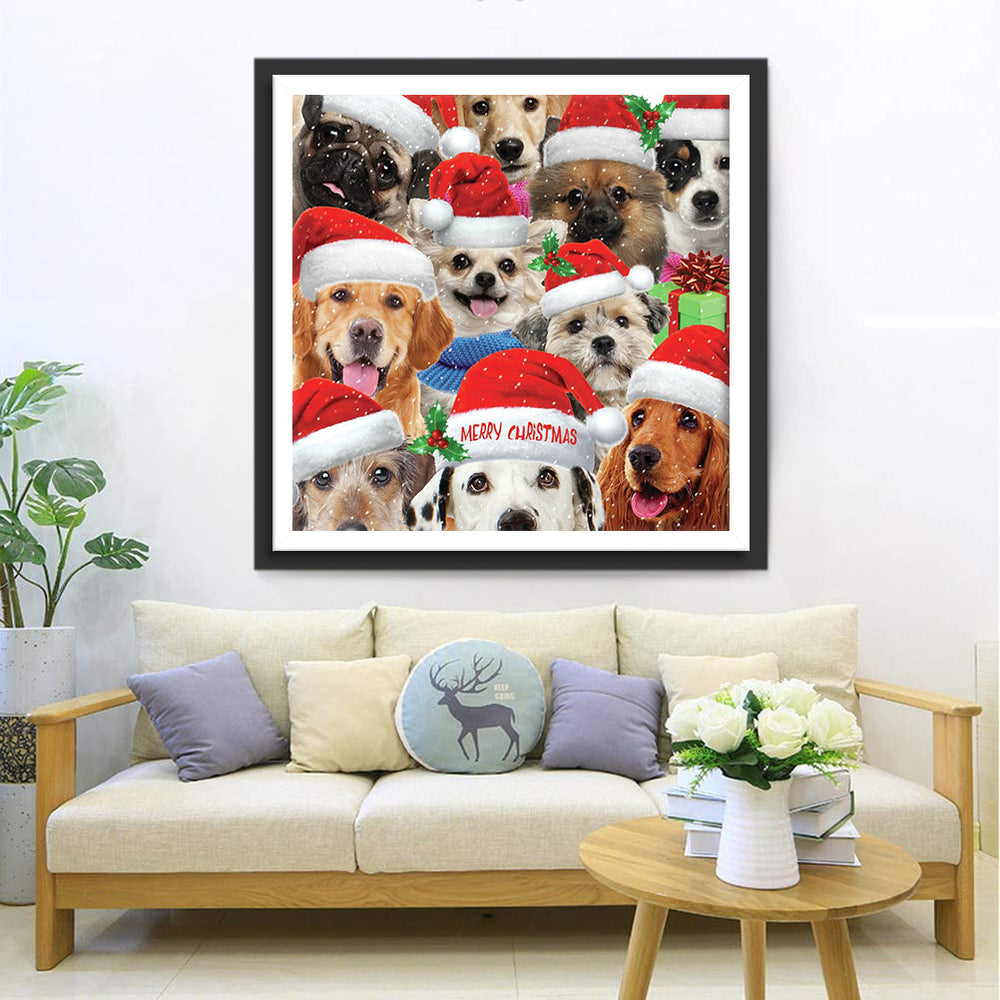 Schattige Honden in Kersthoedjes Diamond Painting