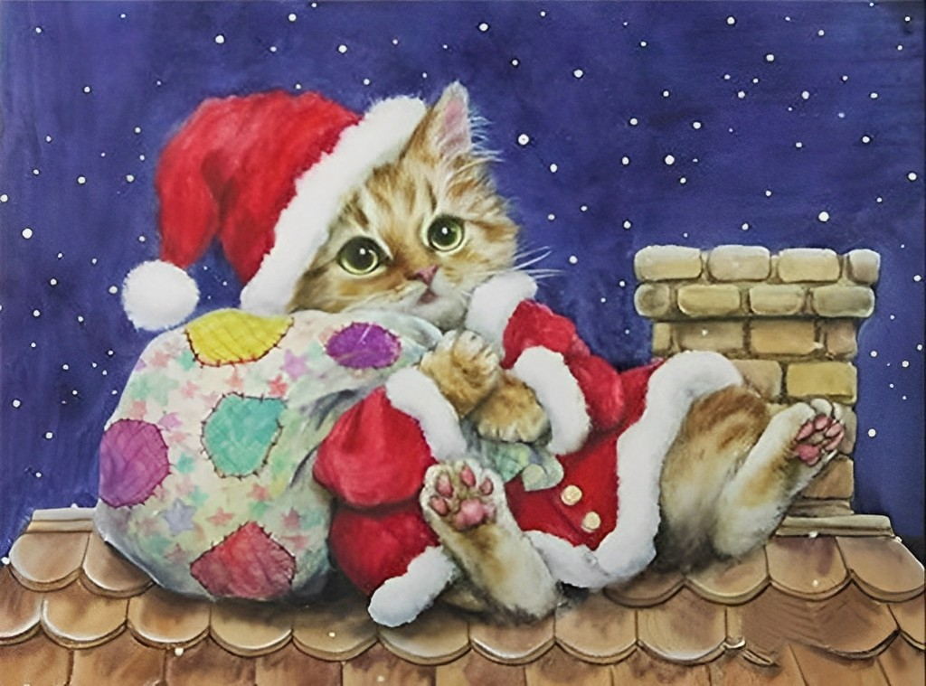 Schattige Kat als Kerstman in de Schoorsteen Diamond Painting