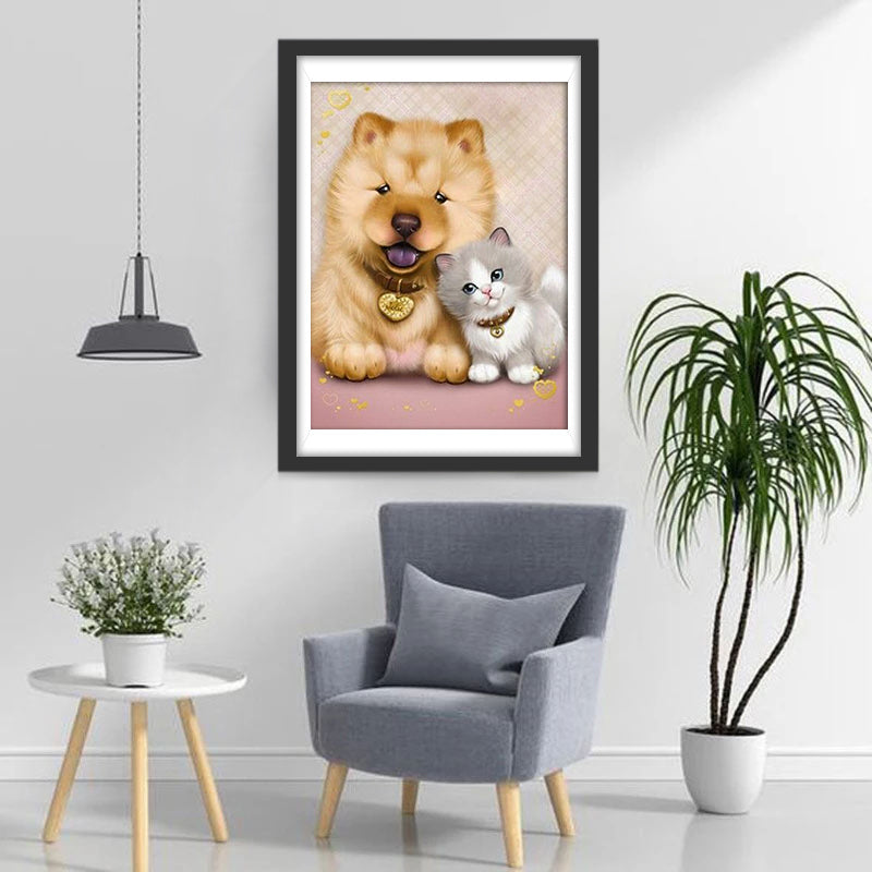 Schattige Kat en Hond met Ketting Diamond Painting