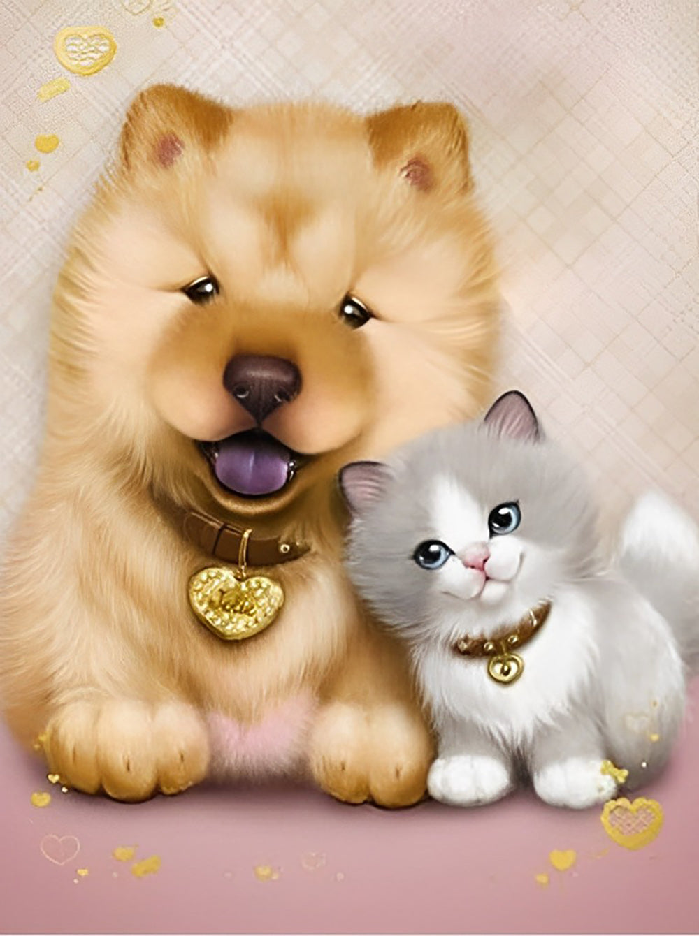 Schattige Kat en Hond met Ketting Diamond Painting
