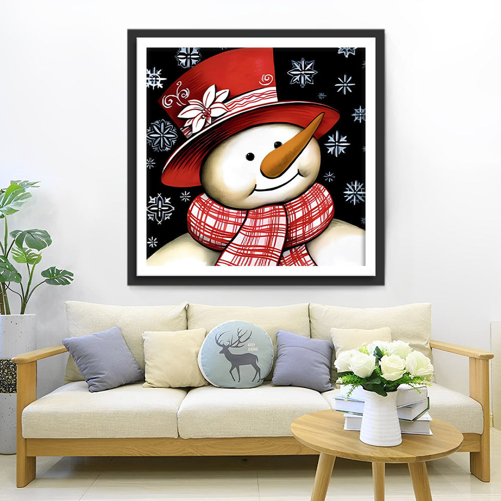 Schattige Sneeuwman met Rode Kerstmuts en Geruite Sjaal Diamond Painting