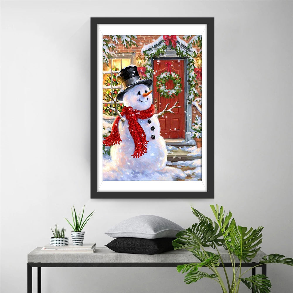 Schattige Sneeuwpop met Felrode Sjaal voor Gevierde Deur Diamond Painting