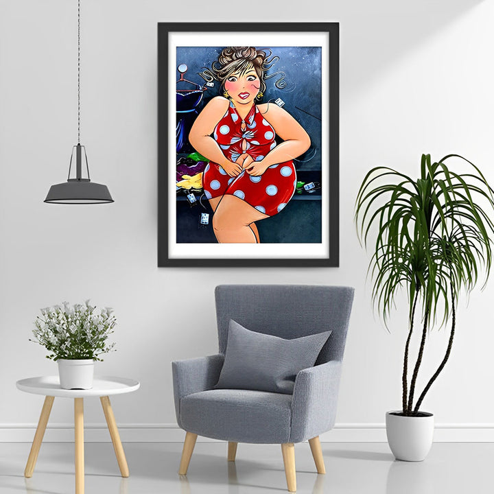 Schattige Vrouw in Rode Polkadot Outfit Diamond Painting