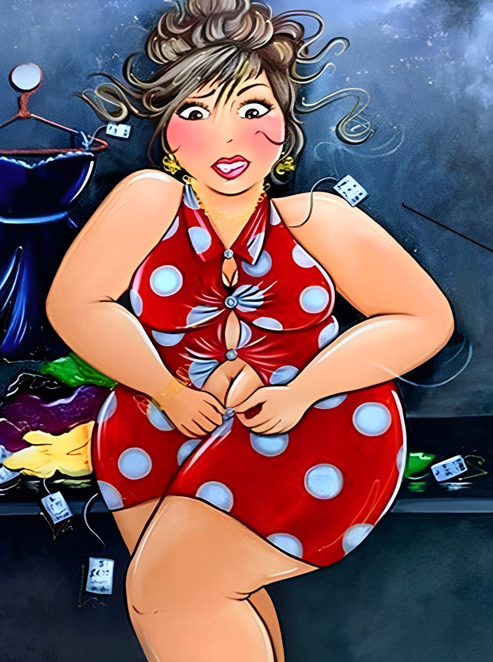Schattige Vrouw in Rode Polkadot Outfit Diamond Painting