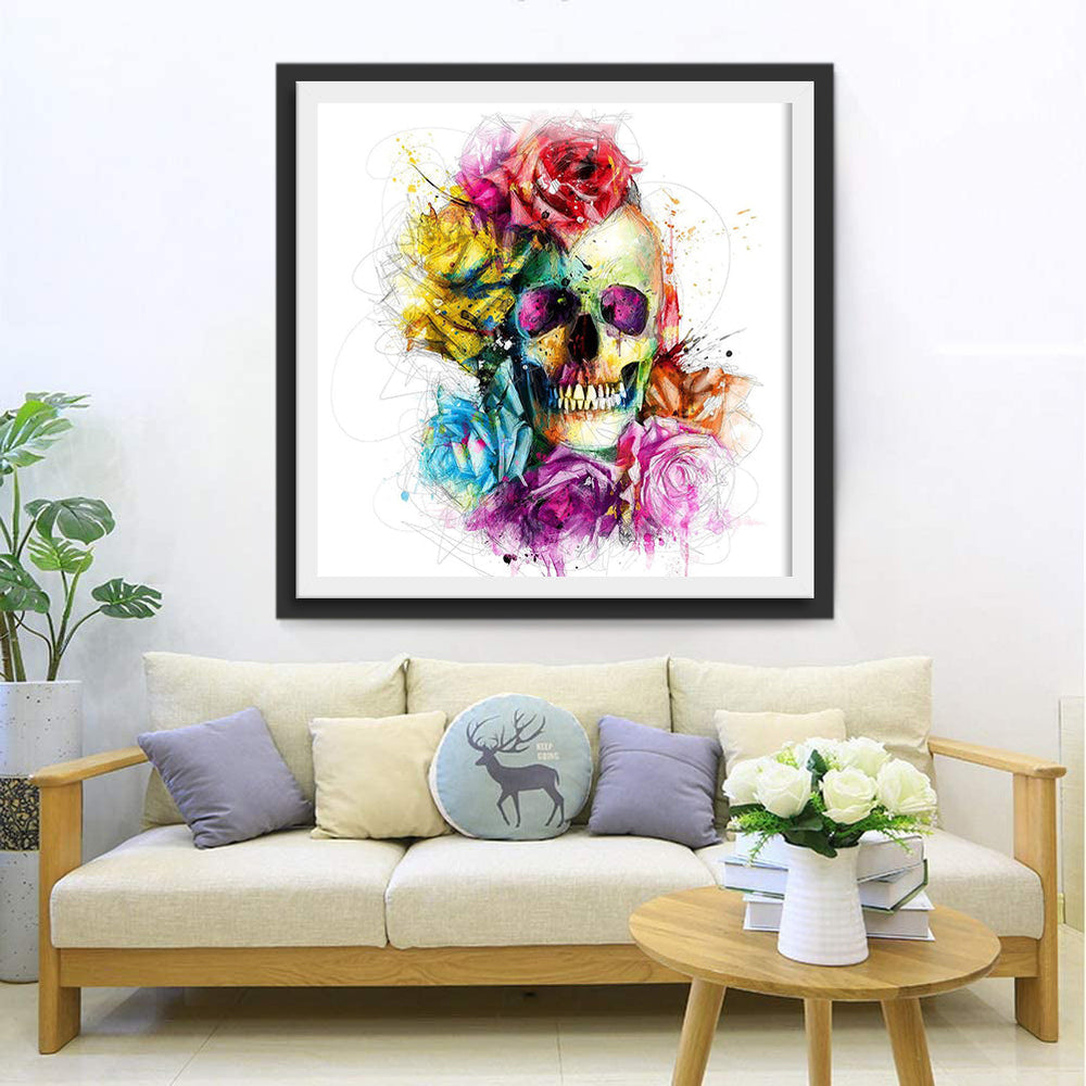 Schedel in een Kleurrijke Waas van Rozen Diamond Painting