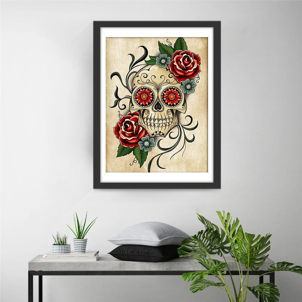 Schedel met Rode Rozen Diamond Painting