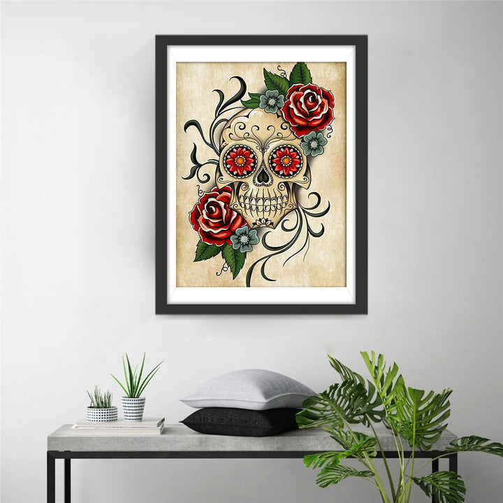 Schedel met Rode Rozen Diamond Painting