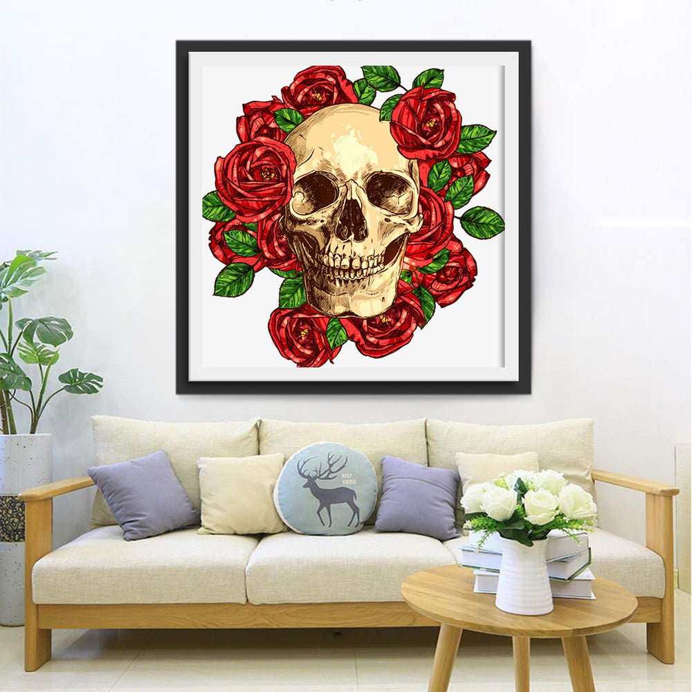 Schedel omringd door Rode Rozen Diamond Painting