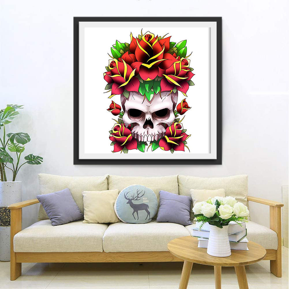 Schedel omringd door Vurige Rozen Diamond Painting