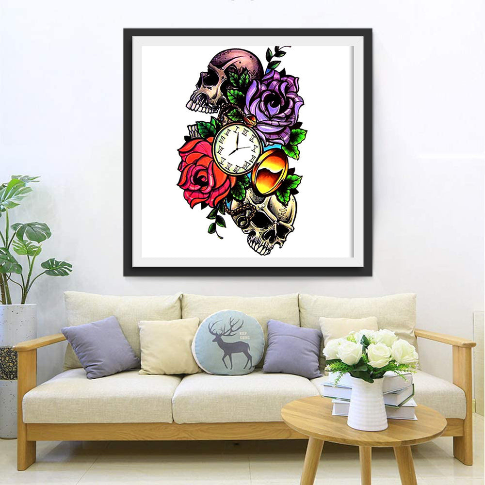 Schedels, Rozen een Klok Diamond Painting