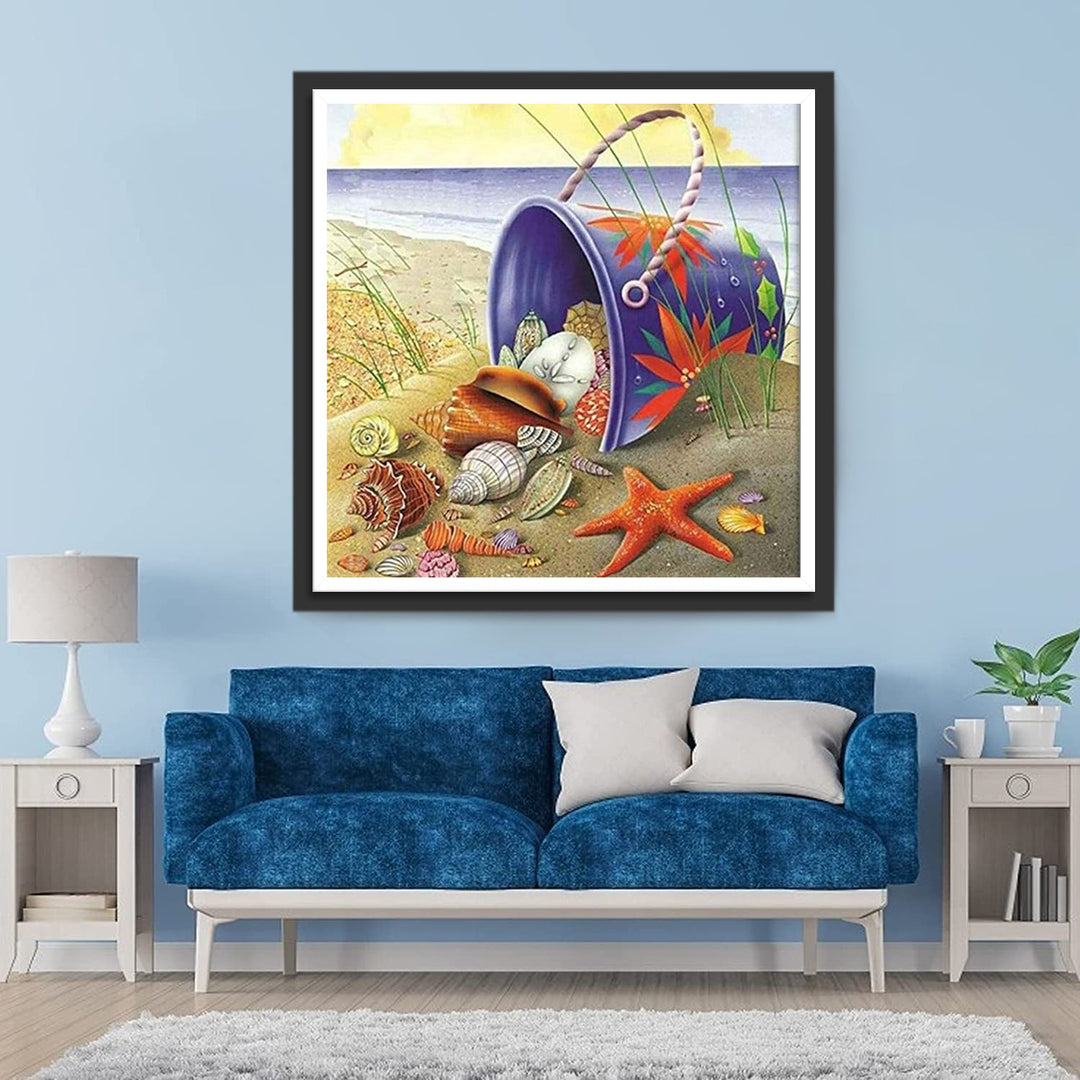 Schelpen en Zeesterren in een Emmer op het Strand Diamond Painting