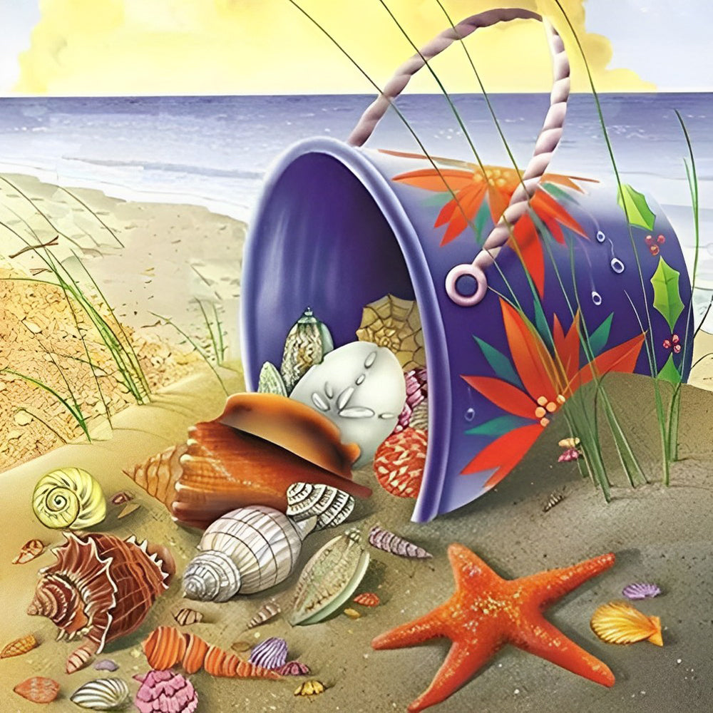 Schelpen en Zeesterren in een Emmer op het Strand Diamond Painting