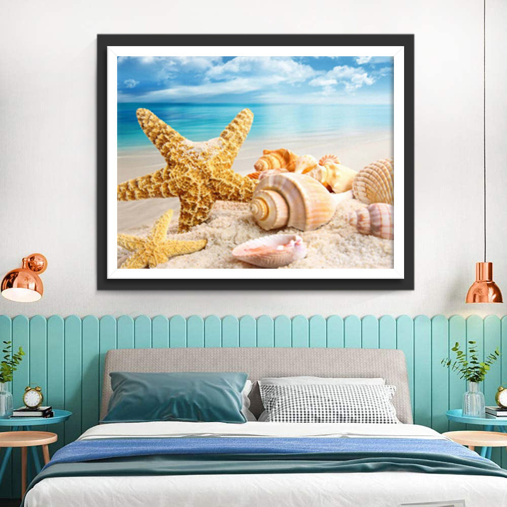 Schelpen en Zeesterren op het Witte Strand Diamond Painting