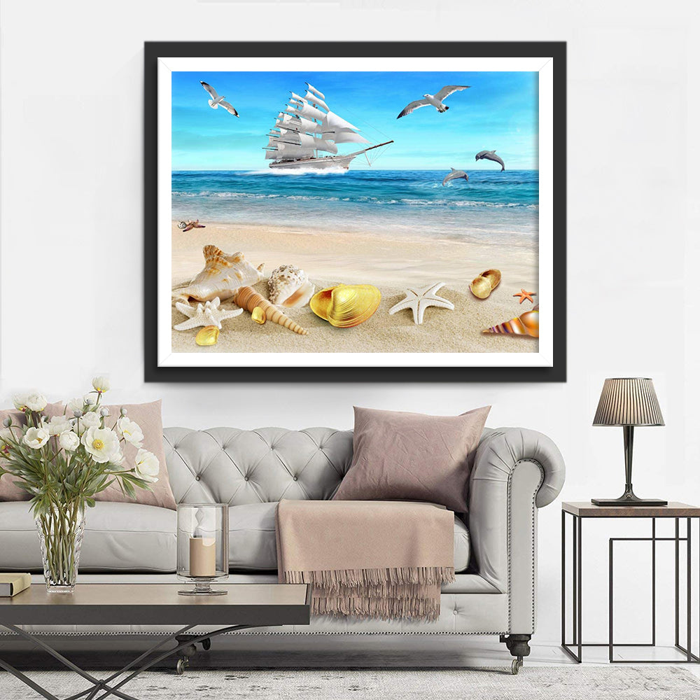 Schelpen, Zeesterren en een Zeilschip aan de Horizon Diamond Painting