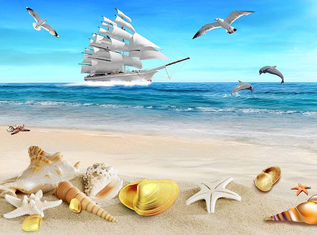 Schelpen, Zeesterren en een Zeilschip aan de Horizon Diamond Painting