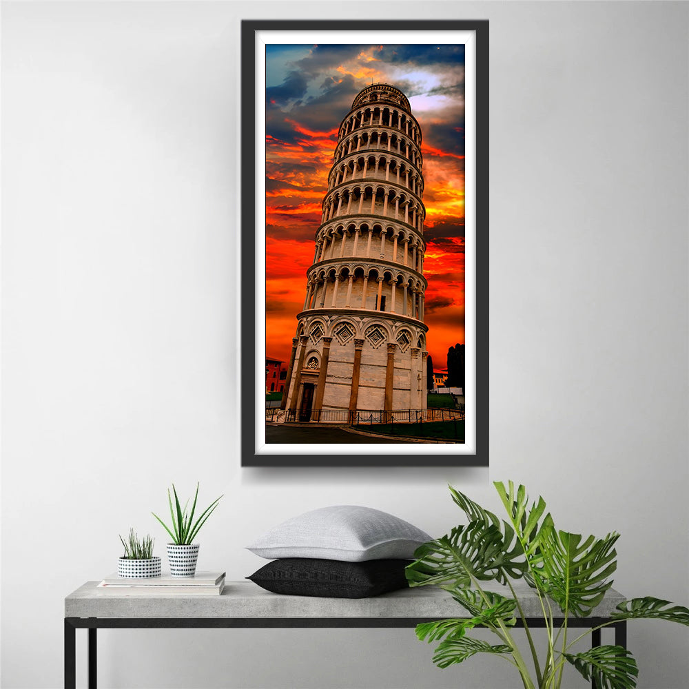 Scheve Toren van Pisa tegen Spectaculaire Zonsondergang Gebouw Diamond Painting