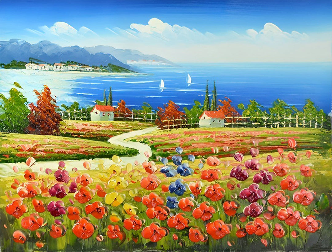 Schilderachtige Kust met Kleurrijke Bloemen en Zee Diamond Painting