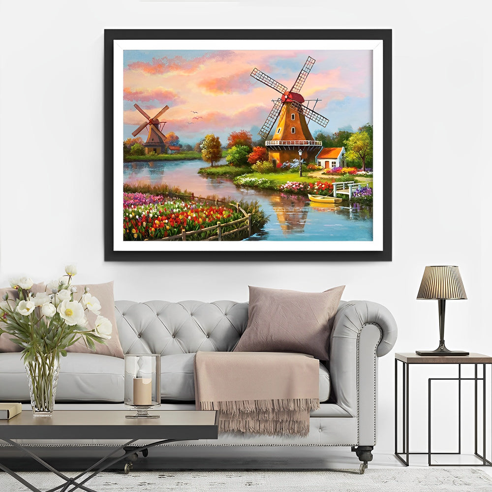 Schilderachtige Molens in een Fleurig Decor Diamond Painting
