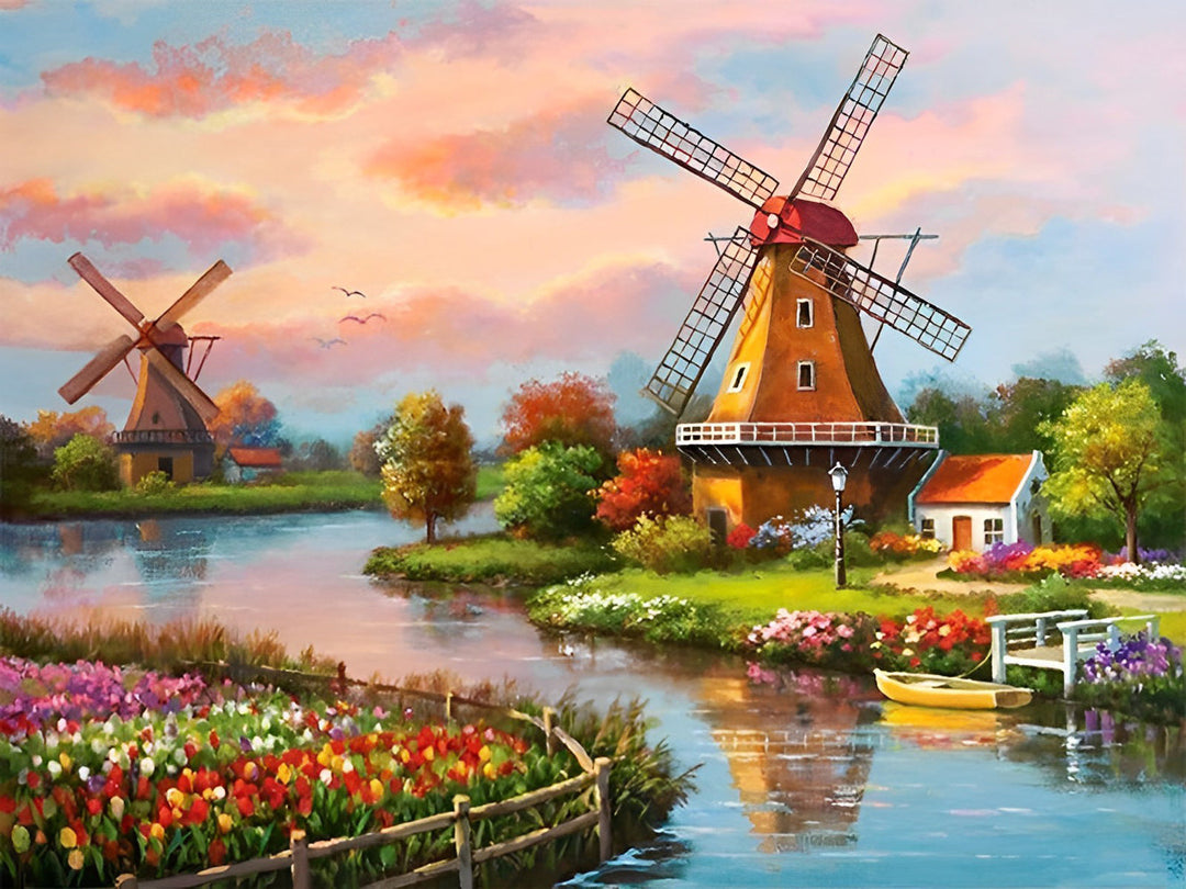 Schilderachtige Molens in een Fleurig Decor Diamond Painting