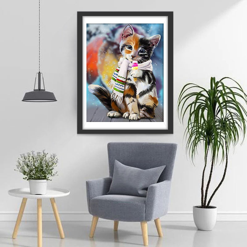 Schildpadkat met Kleurrijke Sjaal Diamond Painting
