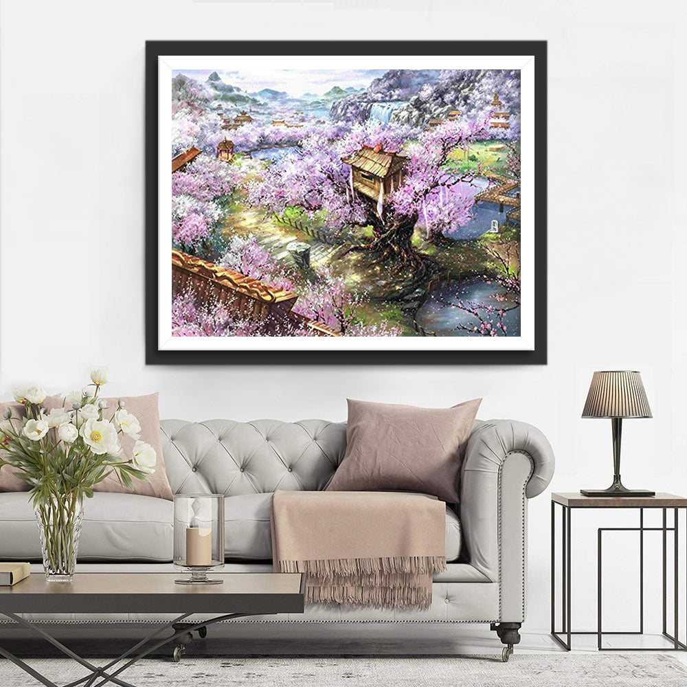 Schitterend Kersenboom-oordtoneel Diamond Painting