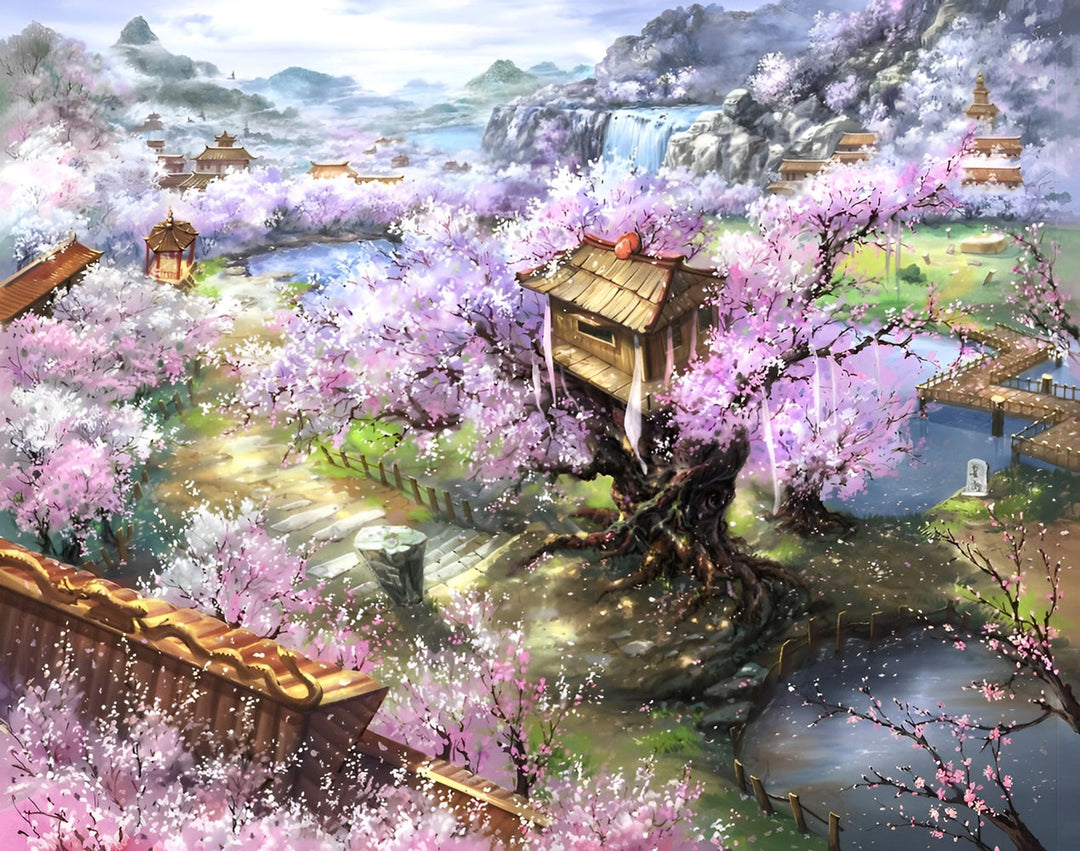 Schitterend Kersenboom-oordtoneel Diamond Painting