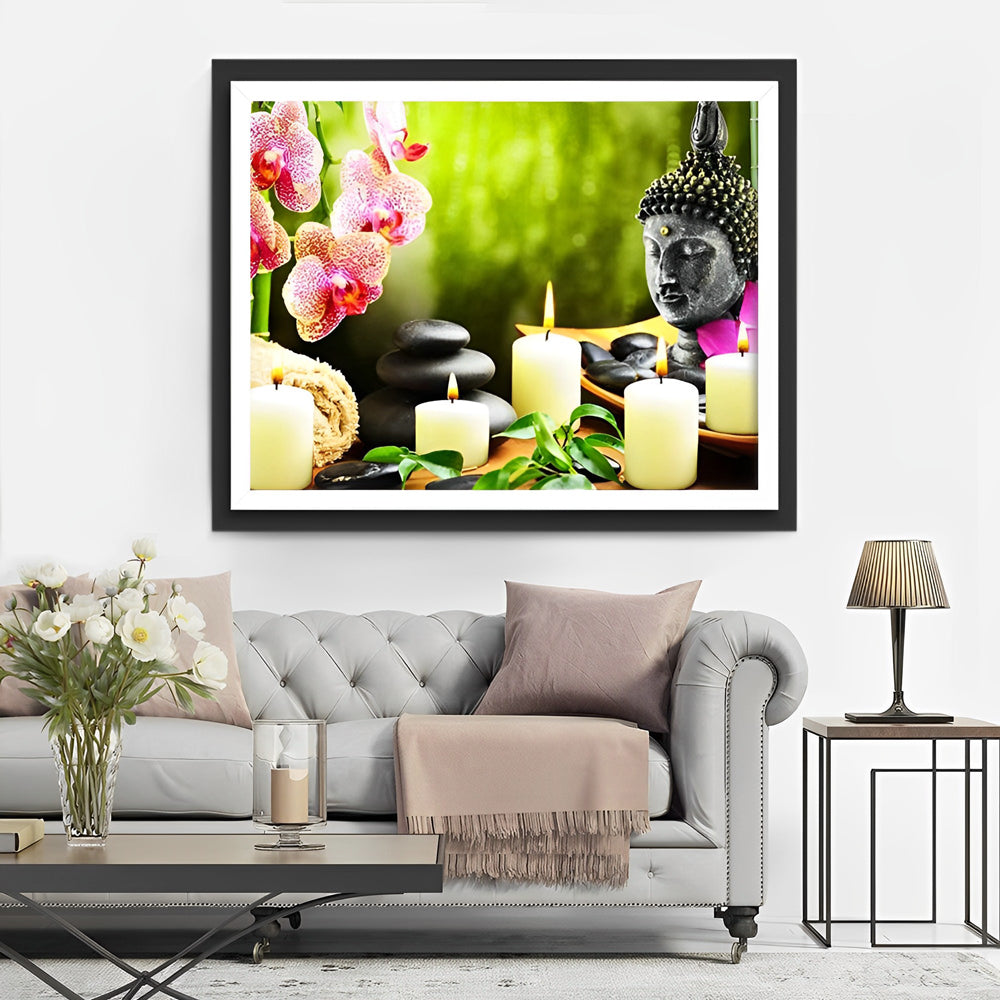 Serene Boeddha met Kaarsen en Orchideeën Diamond Painting