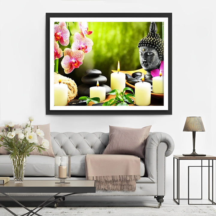Serene Boeddha met Kaarsen en Orchideeën Diamond Painting