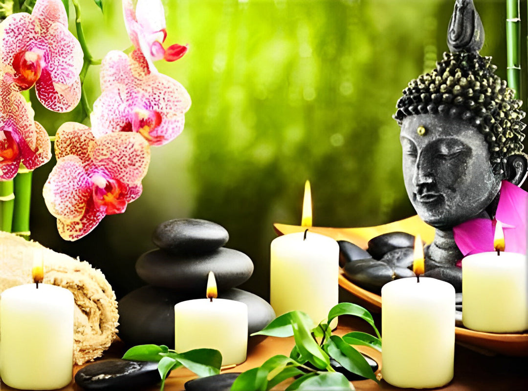 Serene Boeddha met Kaarsen en Orchideeën Diamond Painting
