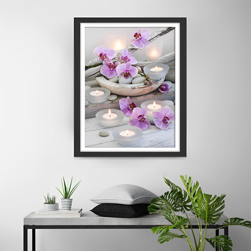 Serene Orchideeën en Theelichtjes op Stenen Diamond Painting