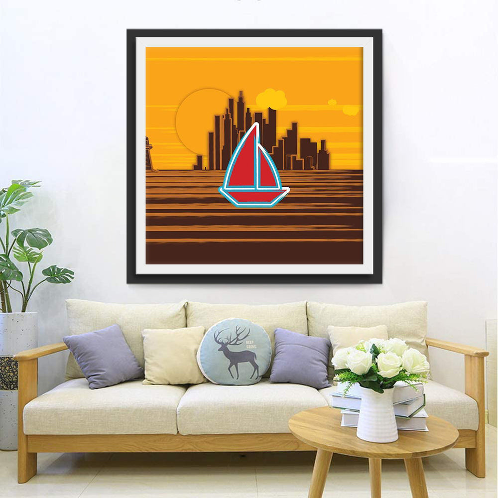 Sfeervol Avondgezicht met Zeilboot en Stad Diamond Painting