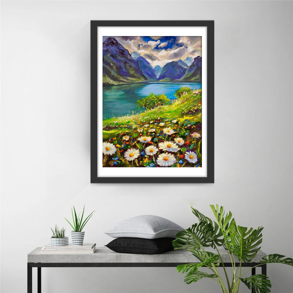 Sfeervol Meer-berg-bloementafereel Diamond Painting