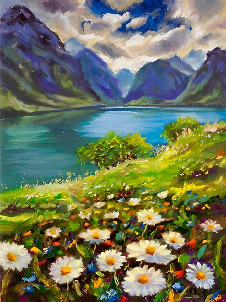 Sfeervol Meer-berg-bloementafereel Diamond Painting