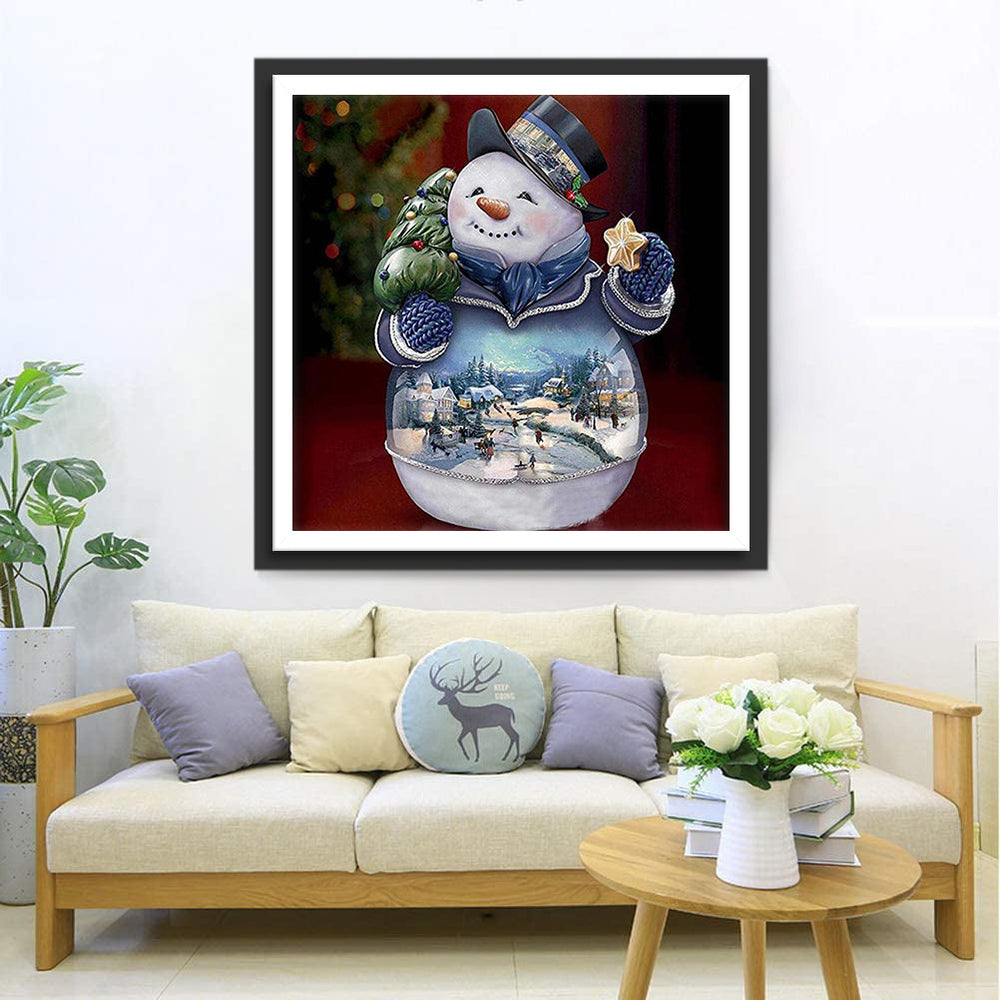 Sfeervol Sneeuwmanbeeldje dat een Miniatuur Kerstwinterwereld Omhult Diamond Painting