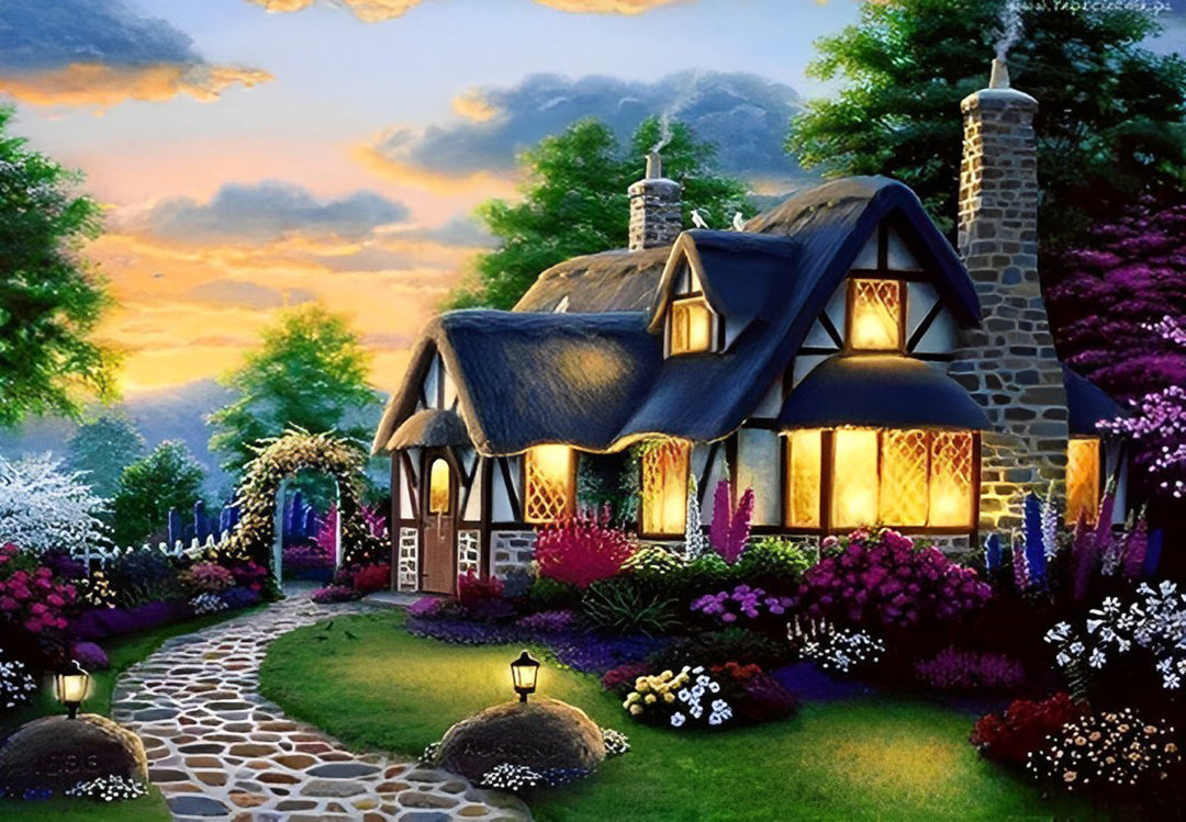 Sfeervol Woonhuis in Kleurrijke Tuin Diamond Painting