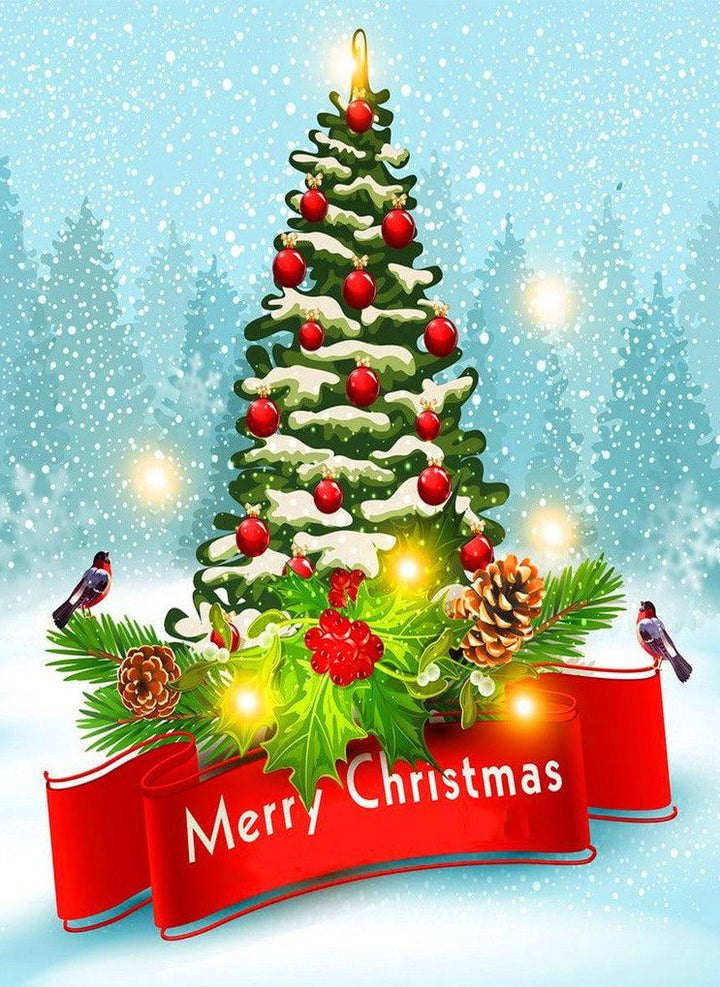 Sfeervolle Kerstboom met Versiering en "Merry Christmas"-Lint  Diamond Painting
