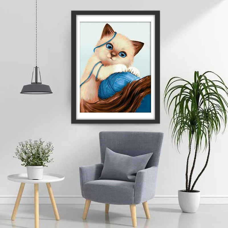 Siamese Kat die een Blauwe Bol wol Vasthoudt Diamond Painting