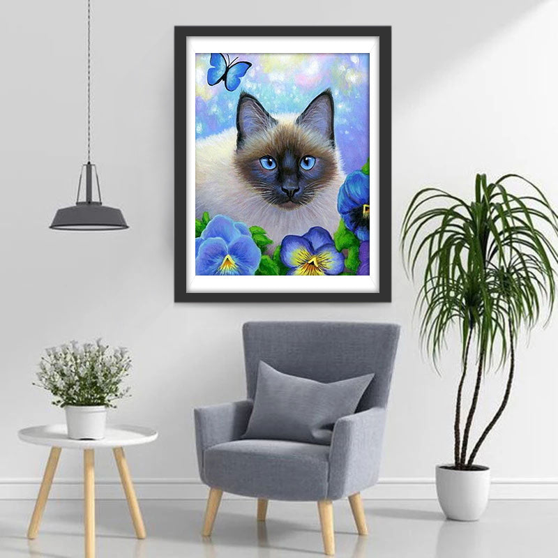 Siamese Kat en Blauwe Bloemen Diamond Painting