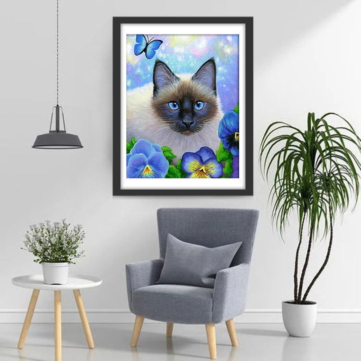 Siamese Kat en Blauwe Bloemen Diamond Painting