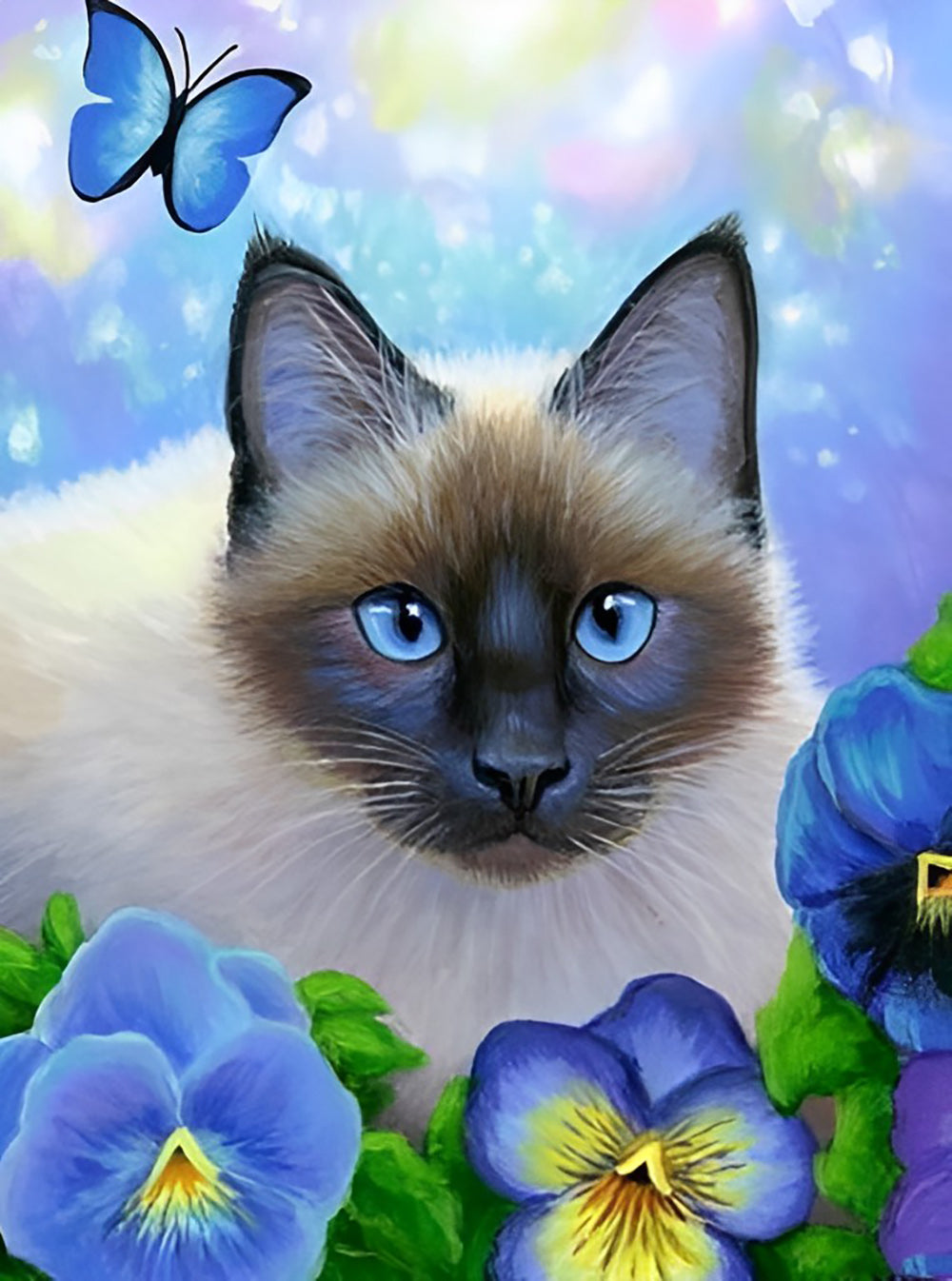 Siamese Kat en Blauwe Bloemen Diamond Painting