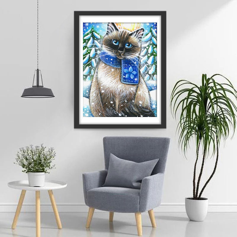 Siamese Kat met Blauwe Sjaal Diamond Painting