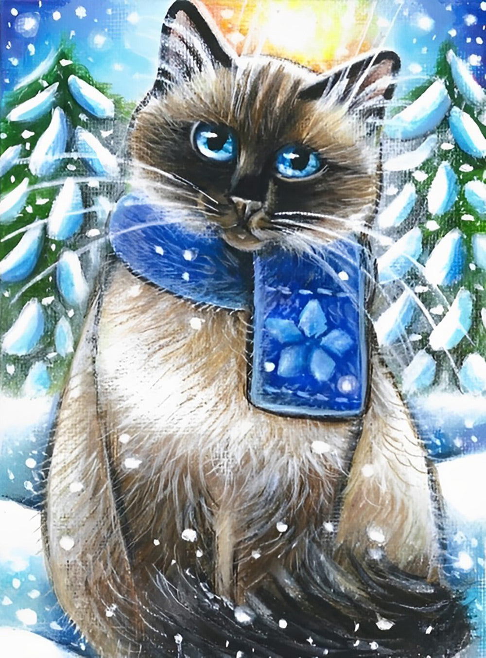 Siamese Kat met Blauwe Sjaal Diamond Painting